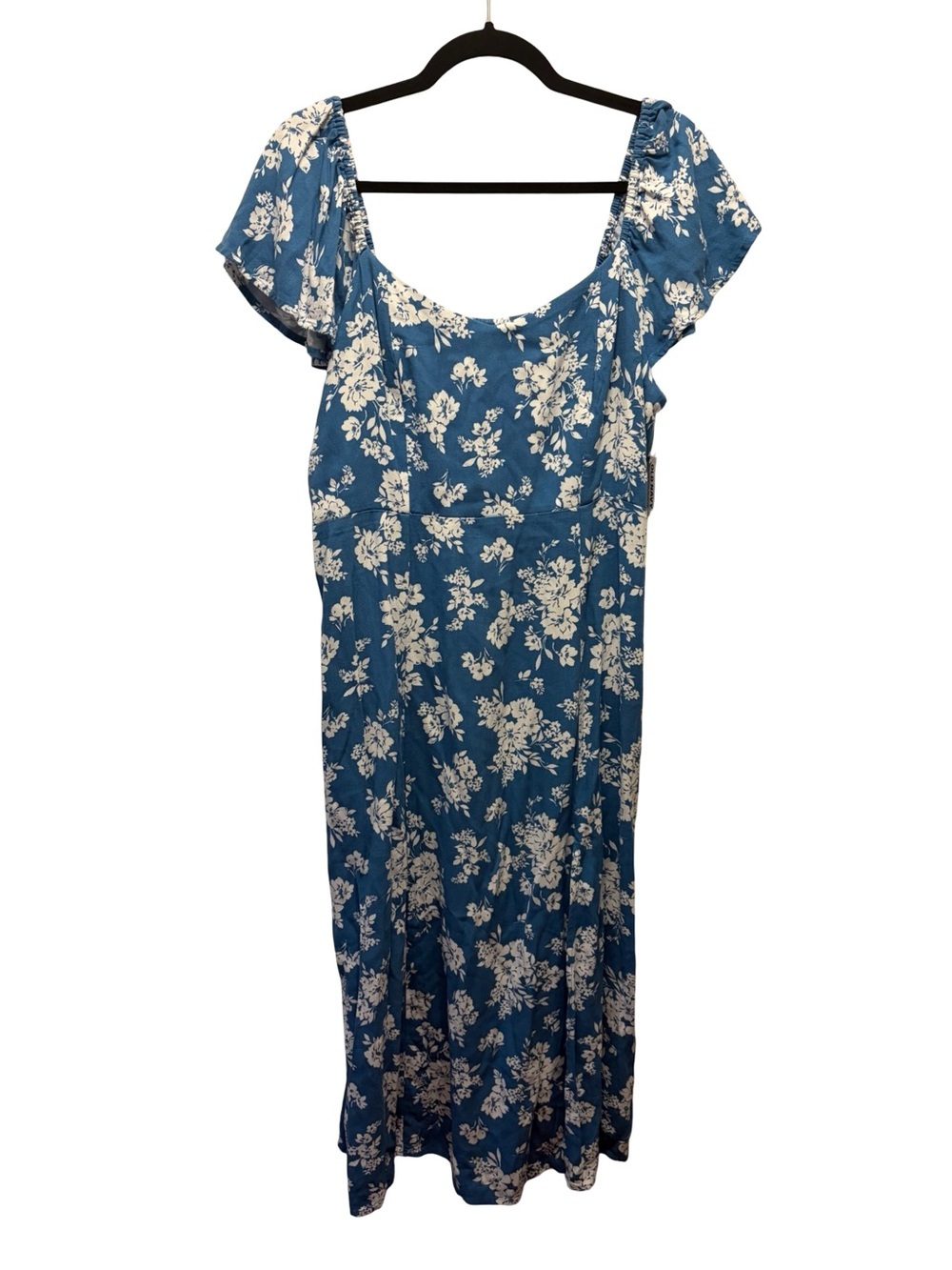 Old Navy Floral Smocked Midi Dress Women's L Blue Flutter Sleeve Side Slit